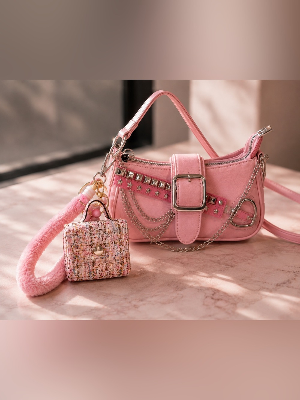 Pink Y2K Shoulder Bag w/ Chains & Star Studs Fairycore Mini Purse